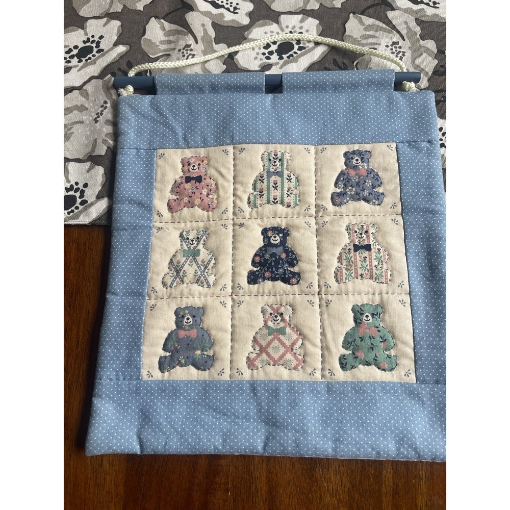 Vintage Quilt Hanging With Embroidery, Teddy Bears, Wall Hanging, Hand‎ Made